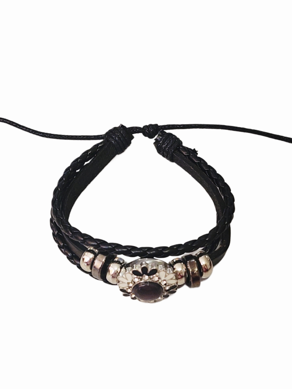2for$30 - Interchangeable Black & White Flower Charm On Adj Black Bracelet